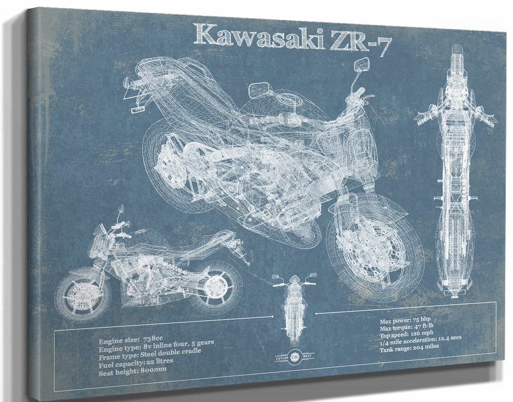 14" x 11" / Stretched Canvas Wrap Cutler West Kawasaki ZR-7 Vintage Blueprint Motorcycle Patent Print