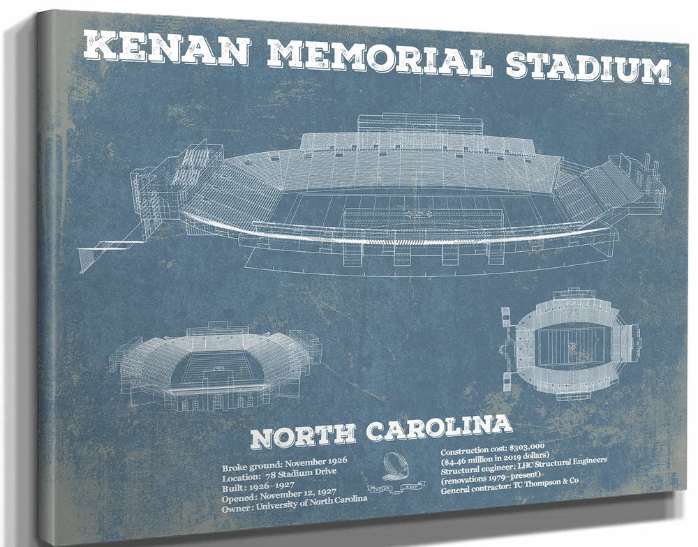 14" x 11" / Stretched Canvas Wrap Cutler West Kenan Memorial Stadium North Carolina Tar Heels Vintage Art Print