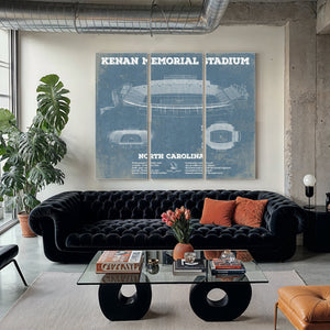 Kenan Memorial Stadium North Carolina Tar Heels Print as a 3 panel canvas wrap in a modern living room