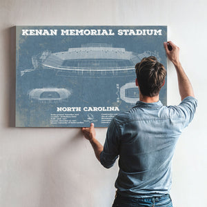 Kenan Memorial Stadium North Carolina Tar Heels Print framed in Vintage Black above a mid-century record console