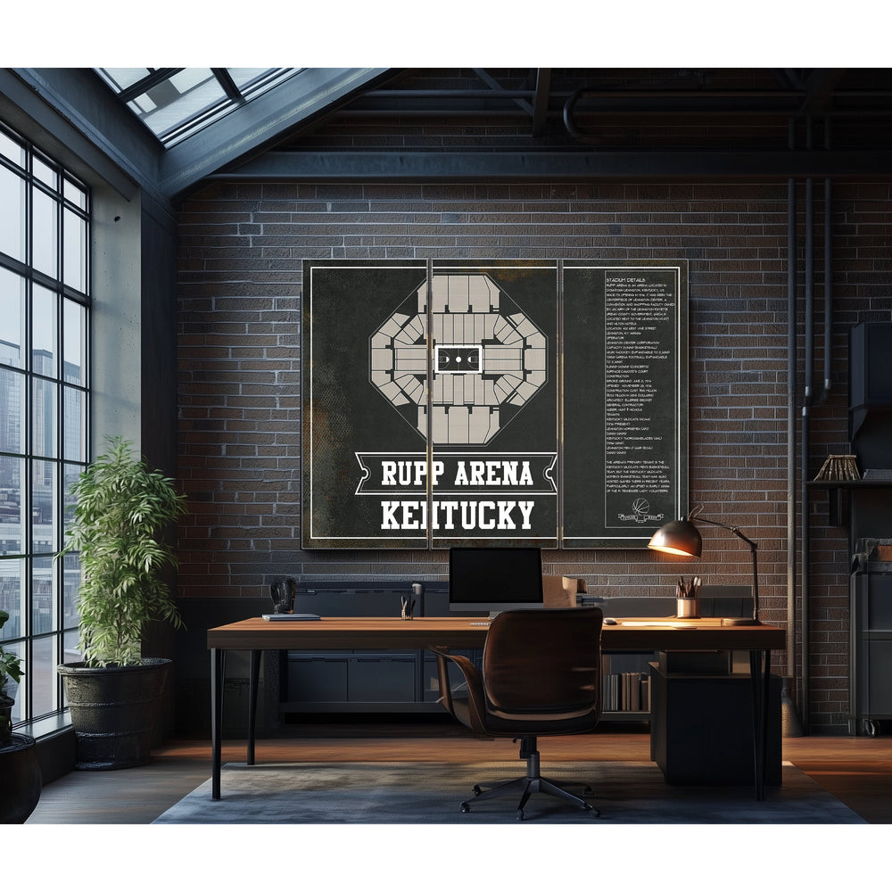 Kentucky Wildcats Rupp Arena Black And White Print in a distressed Vintage Black wood frame with ornate corners
