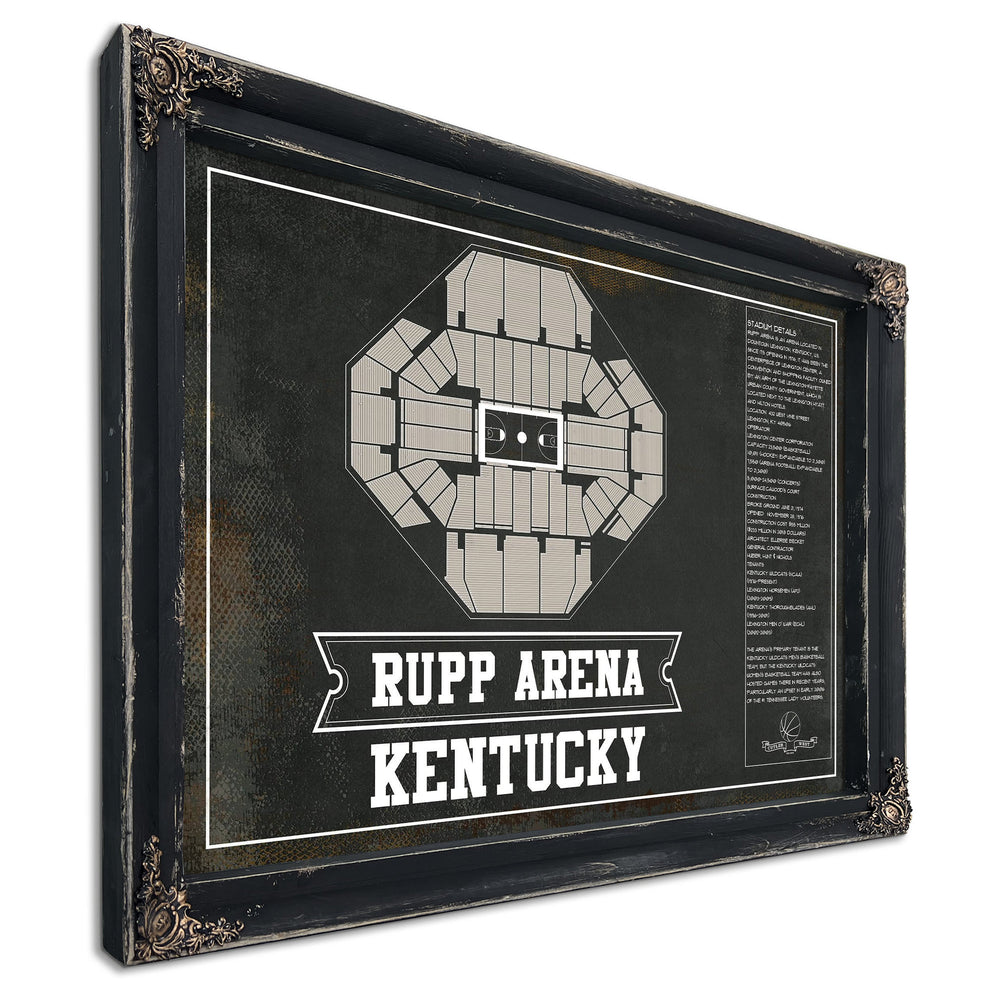 Kentucky Wildcats Rupp Arena Black And White Print in a distressed Vintage Black wood frame with ornate corners