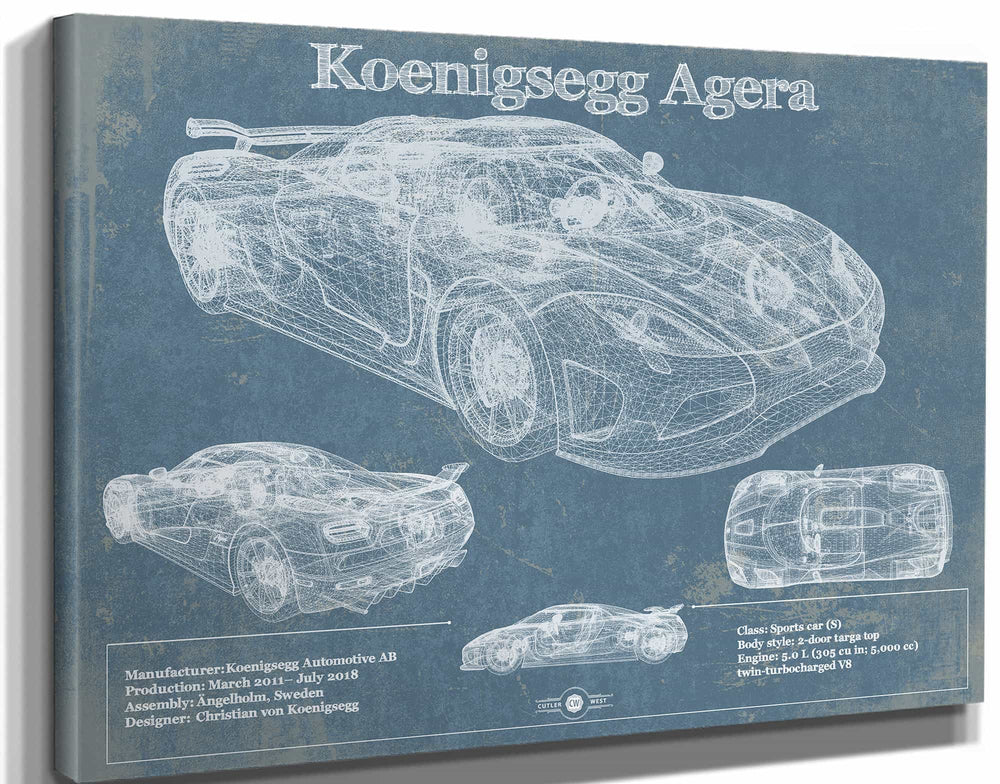 14" x 11" / Stretched Canvas Wrap Cutler West Koenigsegg Agera Blueprint Patent Race Car Print