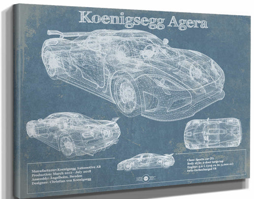 14" x 11" / Stretched Canvas Wrap Cutler West Koenigsegg Agera Blueprint Patent Race Car Print