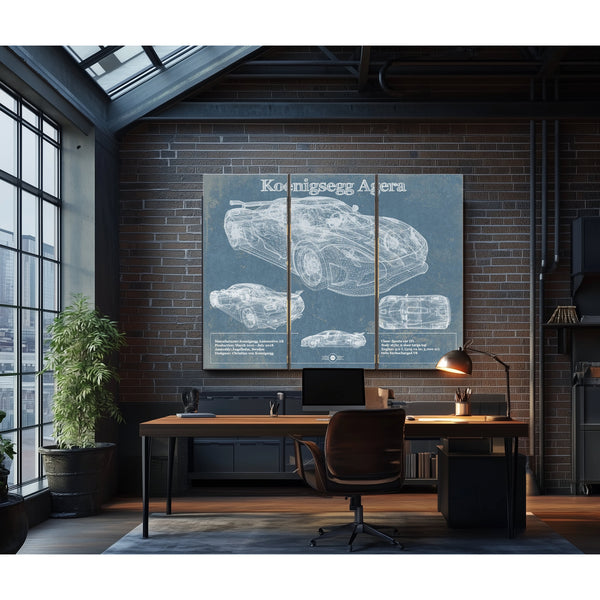 Koenigsegg Agera Blueprint Art Print as a 3 panel canvas wrap in an industrial loft office