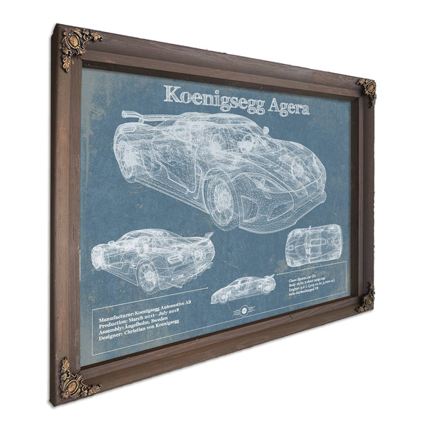 Koenigsegg Agera Blueprint Art Print in a Bourbon stained wood frame with antique gold corners