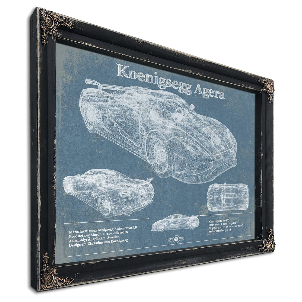 Koenigsegg Agera Blueprint Art Print in a distressed Vintage Black wood frame with ornate corners