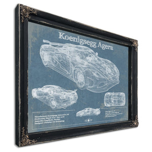 Koenigsegg Agera Blueprint Art Print in a distressed Vintage Black wood frame with ornate corners