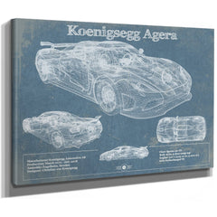Koenigsegg Agera Blueprint Art Print as a stretched canvas wrap with gallery wrapped edges
