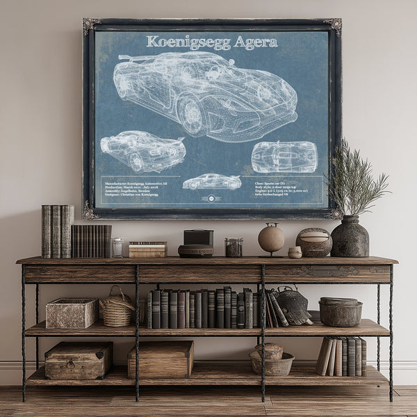 Koenigsegg Agera Blueprint Art Print canvas print size guide 24x18 36x24 48x36 inches
