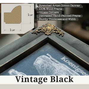 Vintage Black frame corner detail, 1.5 inch ornate wood moulding, Koenigsegg Agera Blueprint Art Print