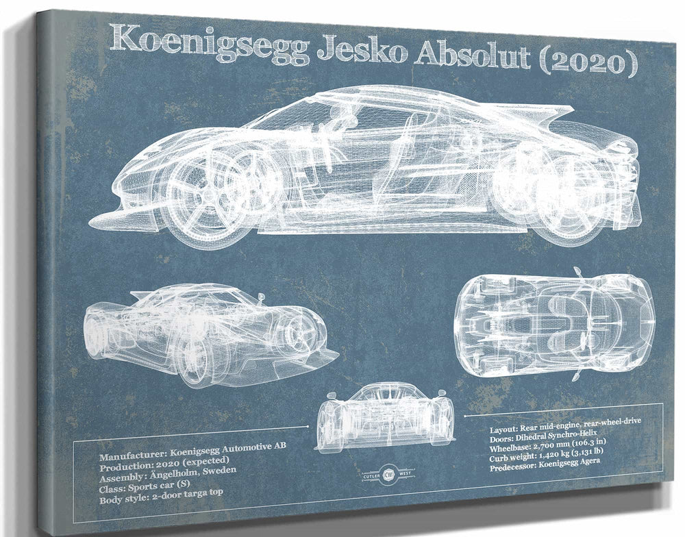 14" x 11" / Stretched Canvas Wrap Cutler West Koenigsegg Jesko Absolut 2020 Blueprint Patent Race Car Print