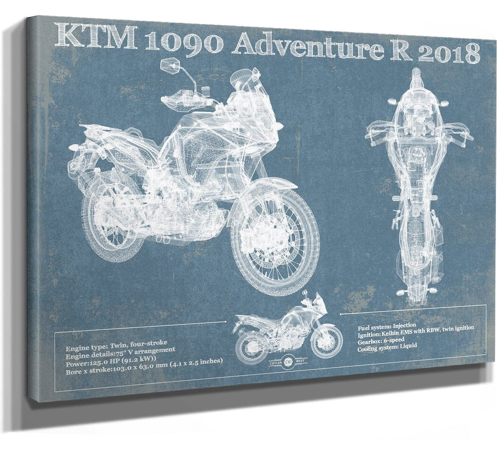 14" x 11" / Stretched Canvas Wrap Cutler West KTM 1090 Adventure R 2018 Blueprint Motorcycle Patent Print