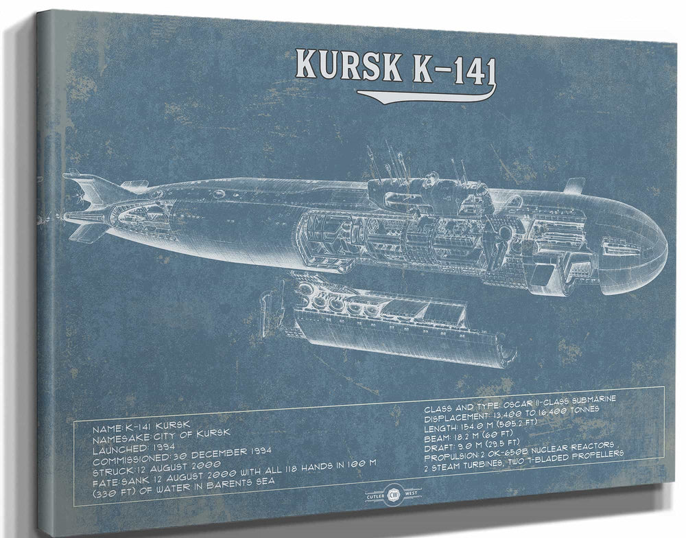 14" x 11" / Stretched Canvas Wrap Cutler West Kursk K-141 Russian Submarine  Vintage Maritime Print
