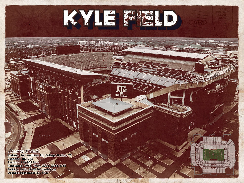 14" x 11" / Stretched Canvas Wrap Cutler West Kyle Field Stadium -  Texas Football Vintage Art Print