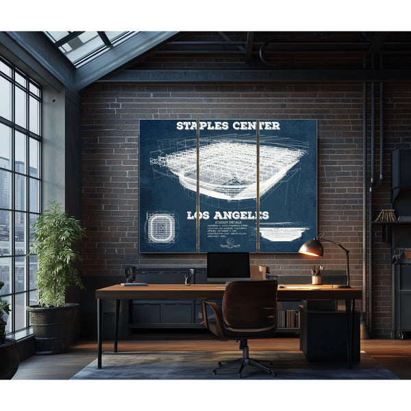 LA Lakers - Staples Center Blueprint NBA Basketball Print as a 3 panel canvas wrap in an industrial loft office