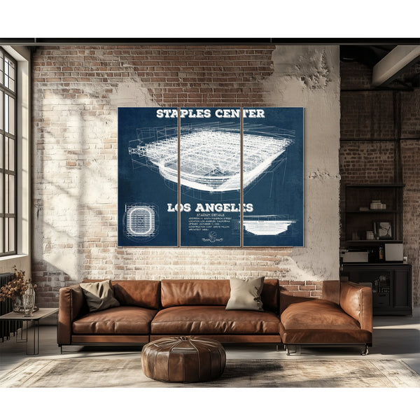 LA Lakers - Staples Center Blueprint NBA Basketball Print as a 3 panel canvas wrap above a leather sofa