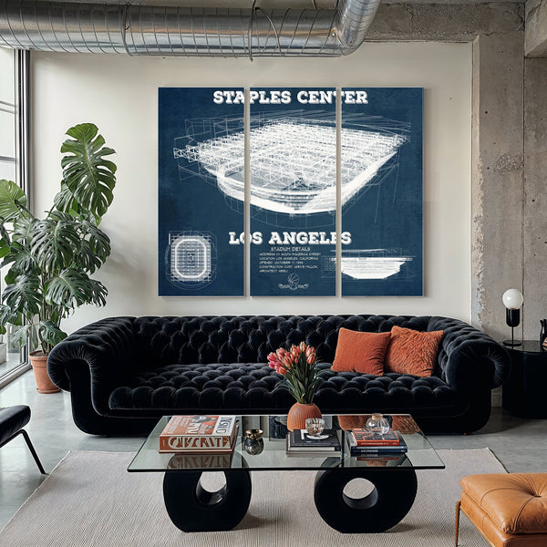LA Lakers - Staples Center Blueprint NBA Basketball Print as a 3 panel canvas wrap in a modern living room