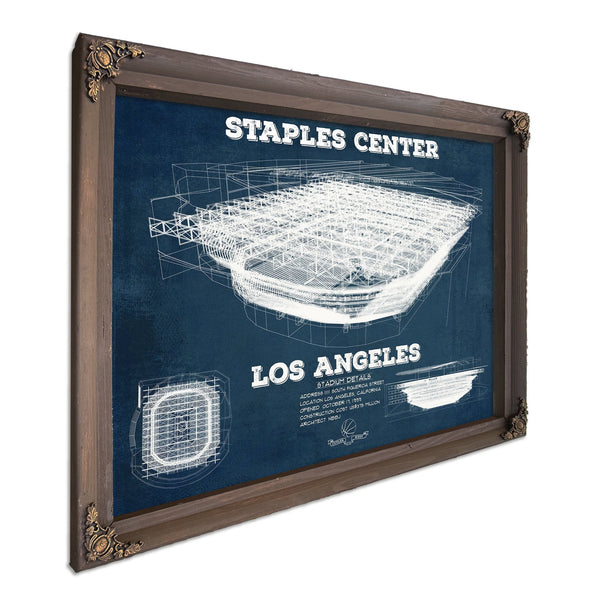 LA Lakers - Staples Center Blueprint NBA Basketball Print in a Bourbon stained wood frame with antique gold corners