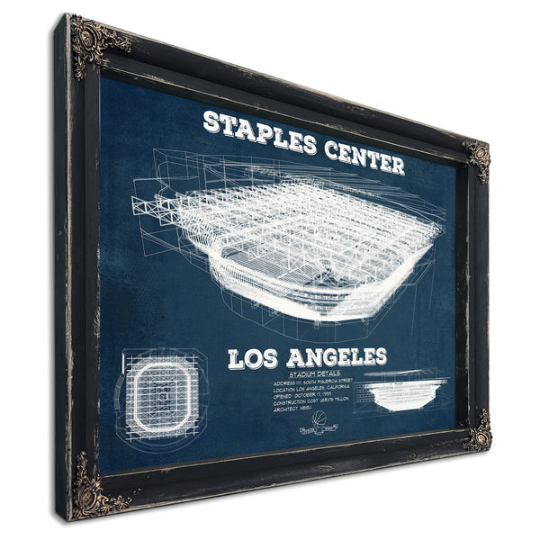 LA Lakers - Staples Center Blueprint NBA Basketball Print in a distressed Vintage Black wood frame with ornate corners