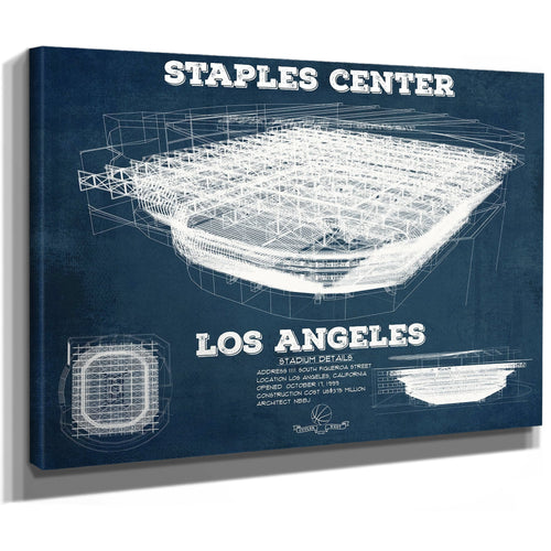 LA Lakers - Staples Center Blueprint NBA Basketball Print as a stretched canvas wrap with gallery wrapped edges