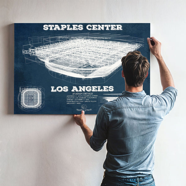 LA Lakers - Staples Center Blueprint NBA Basketball Print framed in Vintage Black above a mid-century record console