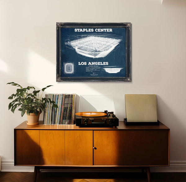 LA Lakers - Staples Center Blueprint NBA Basketball Print framed in Vintage Black in a loft bedroom