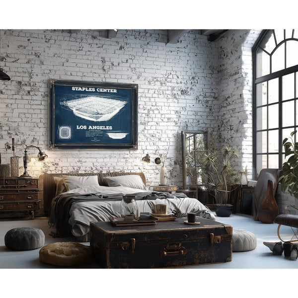 LA Lakers - Staples Center Blueprint NBA Basketball Print framed in Vintage Black in a farmhouse entryway