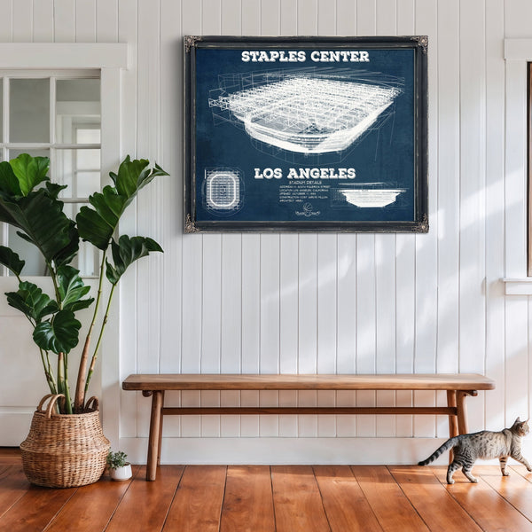 LA Lakers - Staples Center Blueprint NBA Basketball Print framed in Vintage Black above a rustic console table