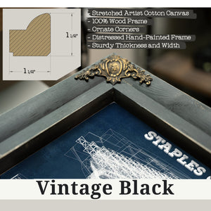 Vintage Black frame corner detail, 1.5 inch ornate wood moulding, LA Lakers - Staples Center Blueprint NBA Basketball Print