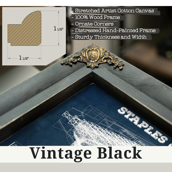 Vintage Black frame corner detail, 1.5 inch ornate wood moulding, LA Lakers - Staples Center Blueprint NBA Basketball Print