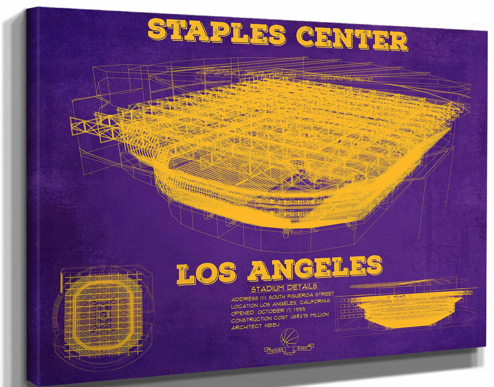 14" x 11" / Stretched Canvas Wrap Cutler West LA Lakers - Staples Center Vintage Blueprint NBA Basketball NBA Team Color Print