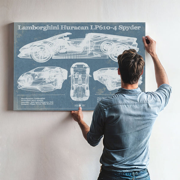 Lamborghini Huracán LP610-4 Spyder Print framed in Vintage Black above a mid-century record console
