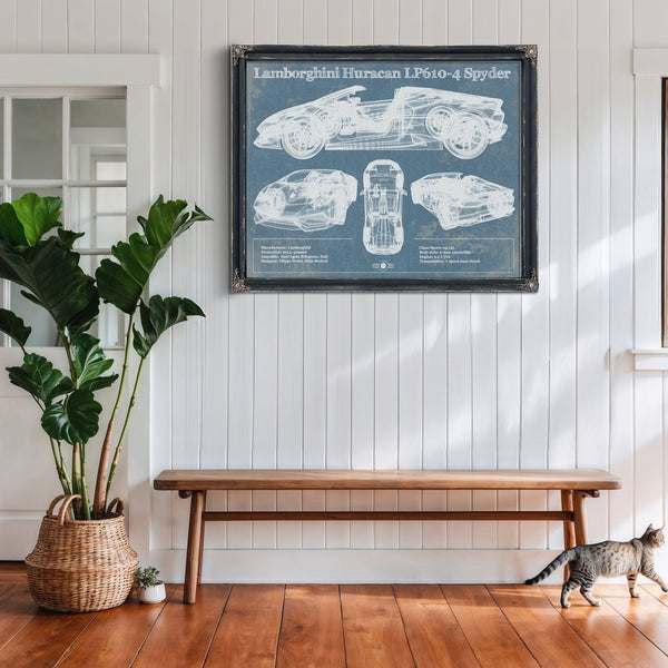 Lamborghini Huracán LP610-4 Spyder Print framed in Vintage Black above a rustic console table