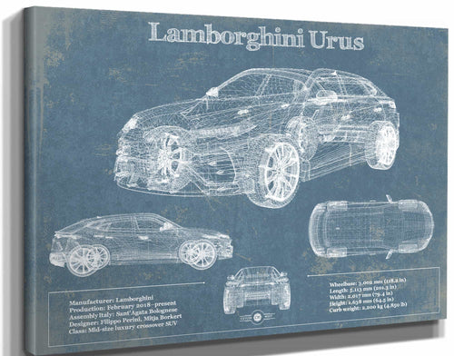14" x 11" / Stretched Canvas Wrap Cutler West Lamborghini Urus 2019 Vintage Blueprint Auto Print