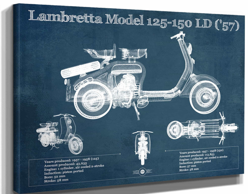 14" x 11" / Stretched Canvas Wrap Cutler West Lambretta Model 125 150 LD ('57) Vintage Blueprint Motorcycle Print