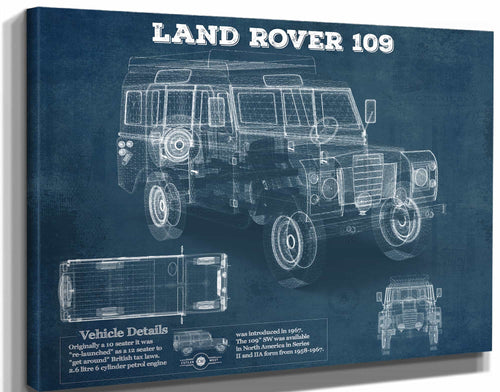 14" x 11" / Stretched Canvas Wrap Cutler West Land Rover 109 Vintage Blueprint Auto Print