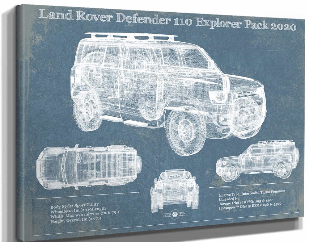 14" x 11" / Stretched Canvas Wrap Cutler West Land Rover Defender 110 Explorer Pack Vintage Blueprint Auto Print