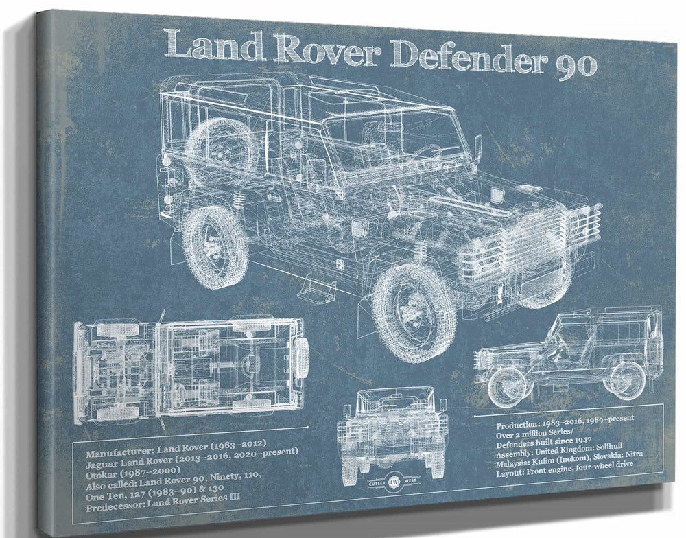 14" x 11" / Stretched Canvas Wrap Cutler West Land Rover Defender 90 Blueprint Vintage Auto Patent Print