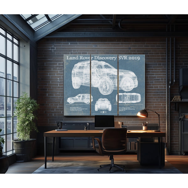 Land Rover Defender SVX Blueprint Truck Print as a 3 panel canvas wrap in an industrial loft office