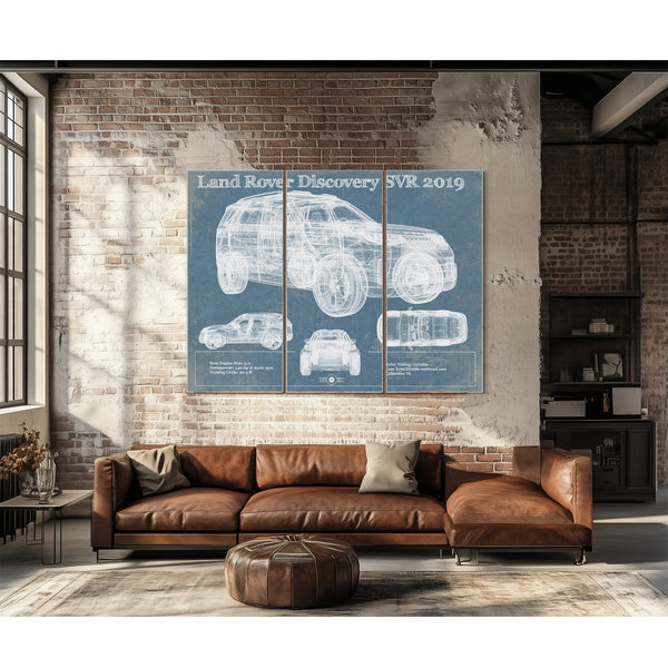 Land Rover Defender SVX Blueprint Truck Print as a 3 panel canvas wrap above a leather sofa