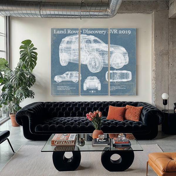Land Rover Defender SVX Blueprint Truck Print as a 3 panel canvas wrap in a modern living room