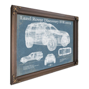 Land Rover Defender SVX Blueprint Truck Print in a Bourbon stained wood frame with antique gold corners