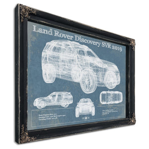Land Rover Defender SVX Blueprint Truck Print in a distressed Vintage Black wood frame with ornate corners