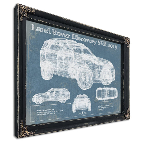 Land Rover Defender SVX Blueprint Truck Print in a distressed Vintage Black wood frame with ornate corners
