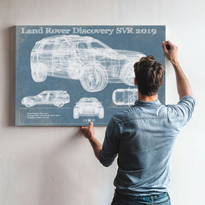 Land Rover Defender SVX Blueprint Truck Print framed in Vintage Black above a mid-century record console