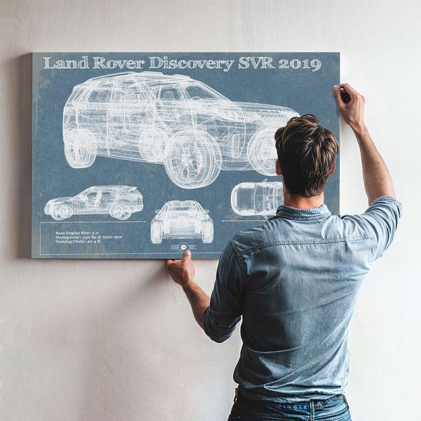 Land Rover Defender SVX Blueprint Truck Print framed in Vintage Black above a mid-century record console