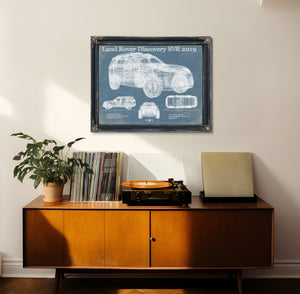 Land Rover Defender SVX Blueprint Truck Print framed in Vintage Black in a loft bedroom