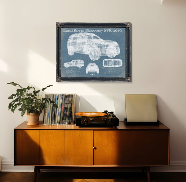 Land Rover Defender SVX Blueprint Truck Print framed in Vintage Black in a loft bedroom