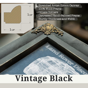 Vintage Black frame corner detail, 1.5 inch ornate wood moulding, Land Rover Defender SVX Blueprint Truck Print